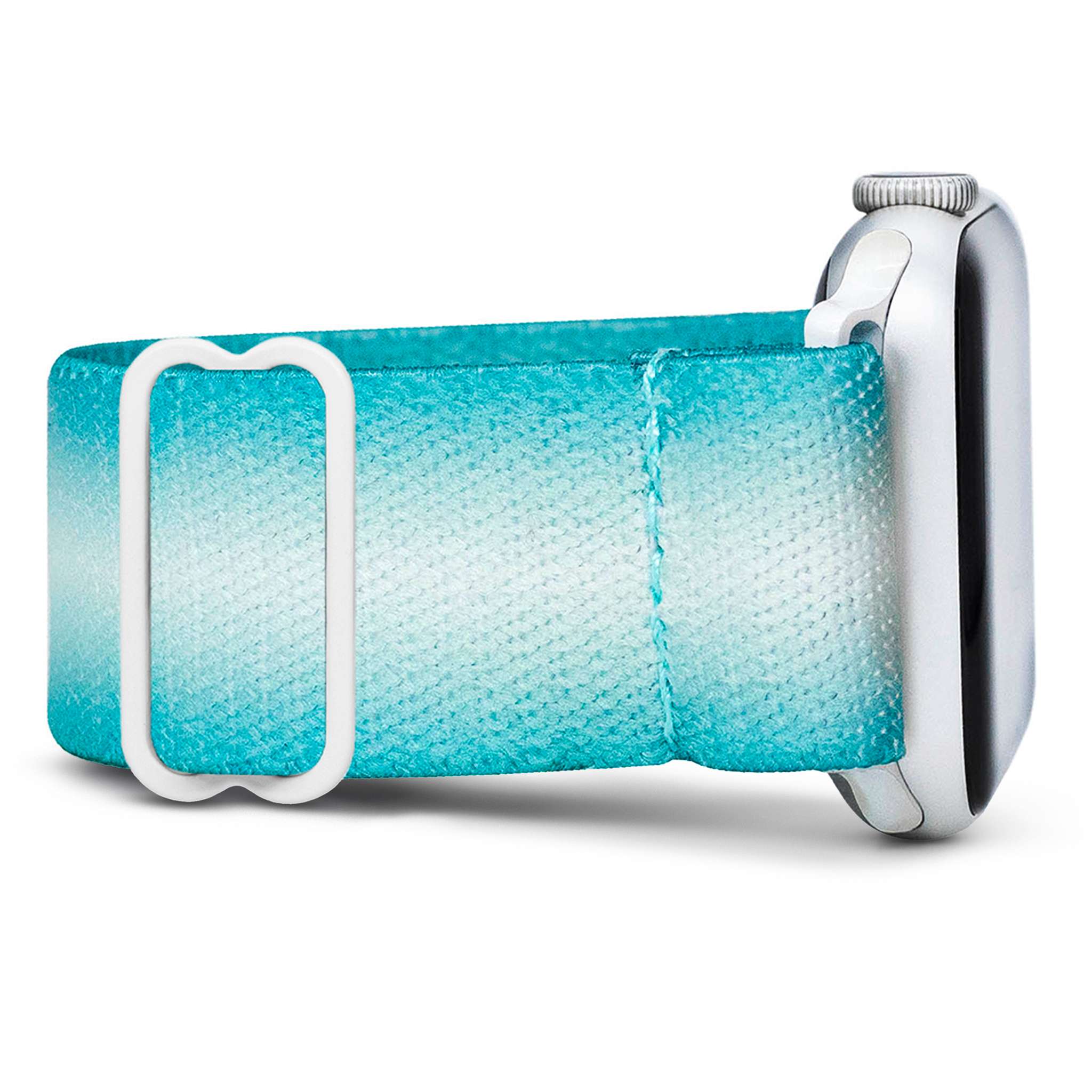 Smartwatch with a turquoise gradient strap and silver casing.